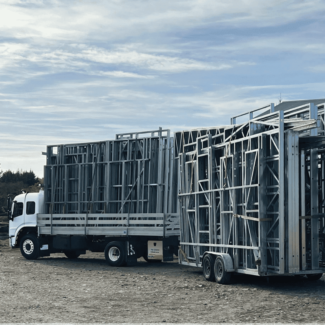 Steel frames in a truck loaded ready to be delivered