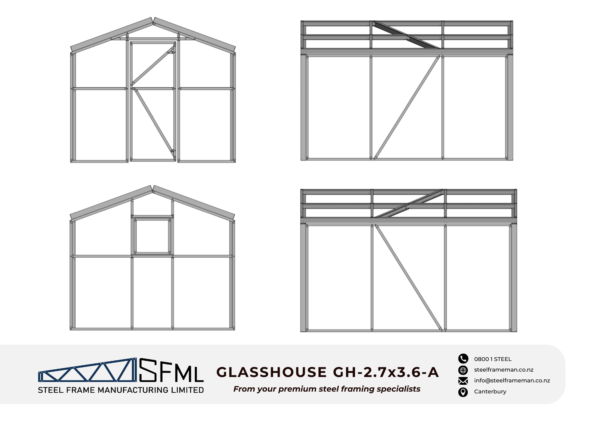 Steel Frame Manufacturing Ltd 2.7m x 3.6m glasshouse framing kit steel shapes newzealand