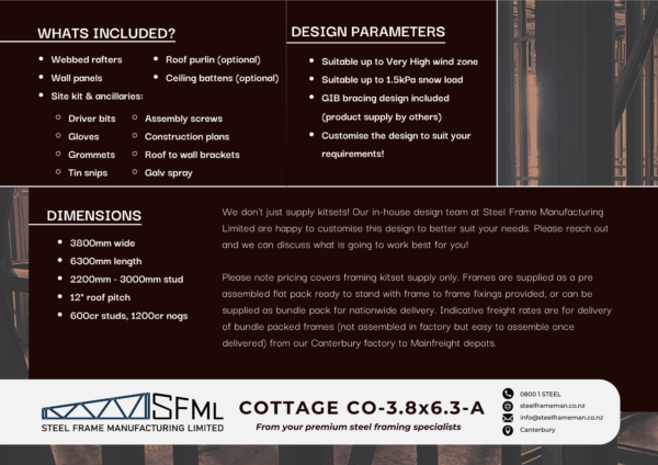 Steel Frame Manufacturing Ltd 3.8m x 6.3m (23.94m2) Cottage steel framing kit includes roof rafters, wall frames and ancillaries (brackets, screws, driver bits etc).