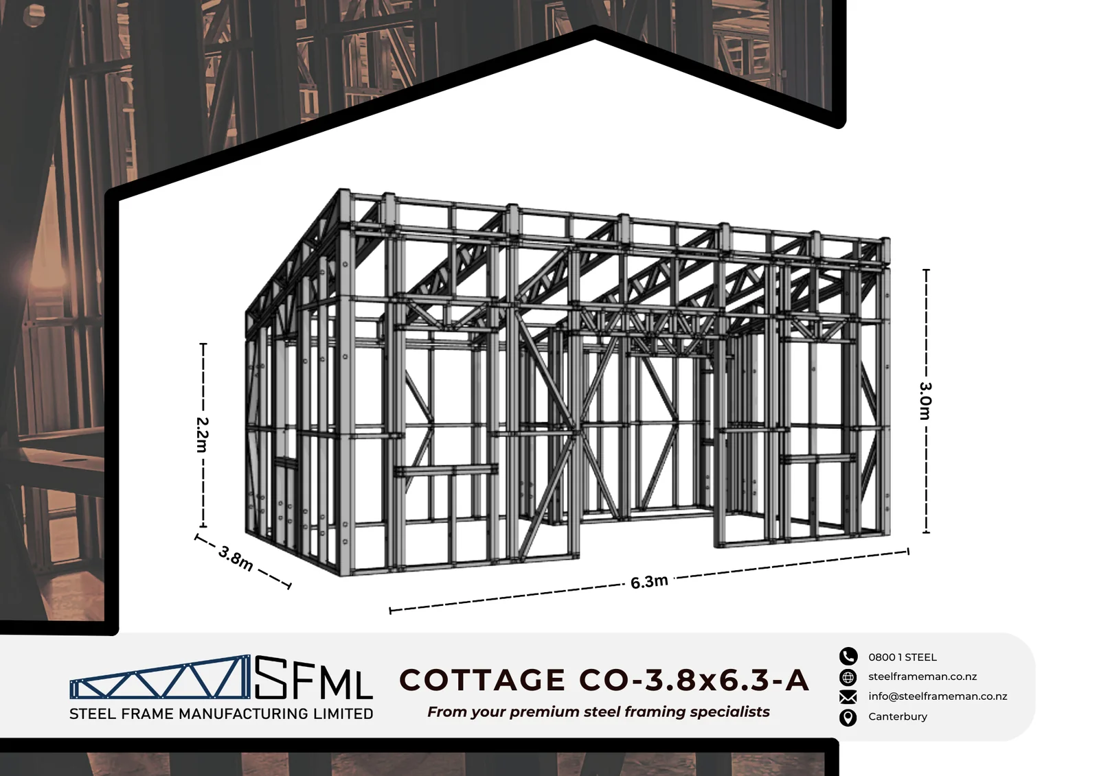 Cottage Steel Frame Kitset 3.8m x 6.3m A - isometric steel frame diagram