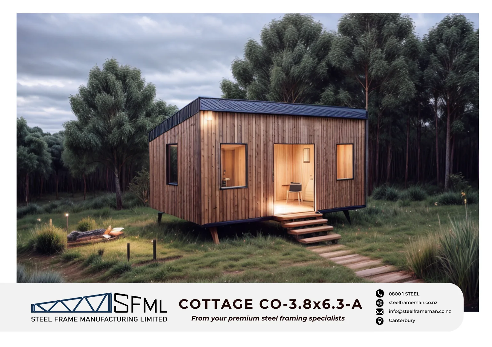 3.8m x 6.3m cottage steel frame kit - exterior render (SFML)