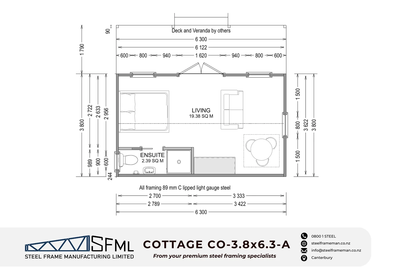 Cottage Steel Frame Kitset 3.8m x 6.3m A - floor plan