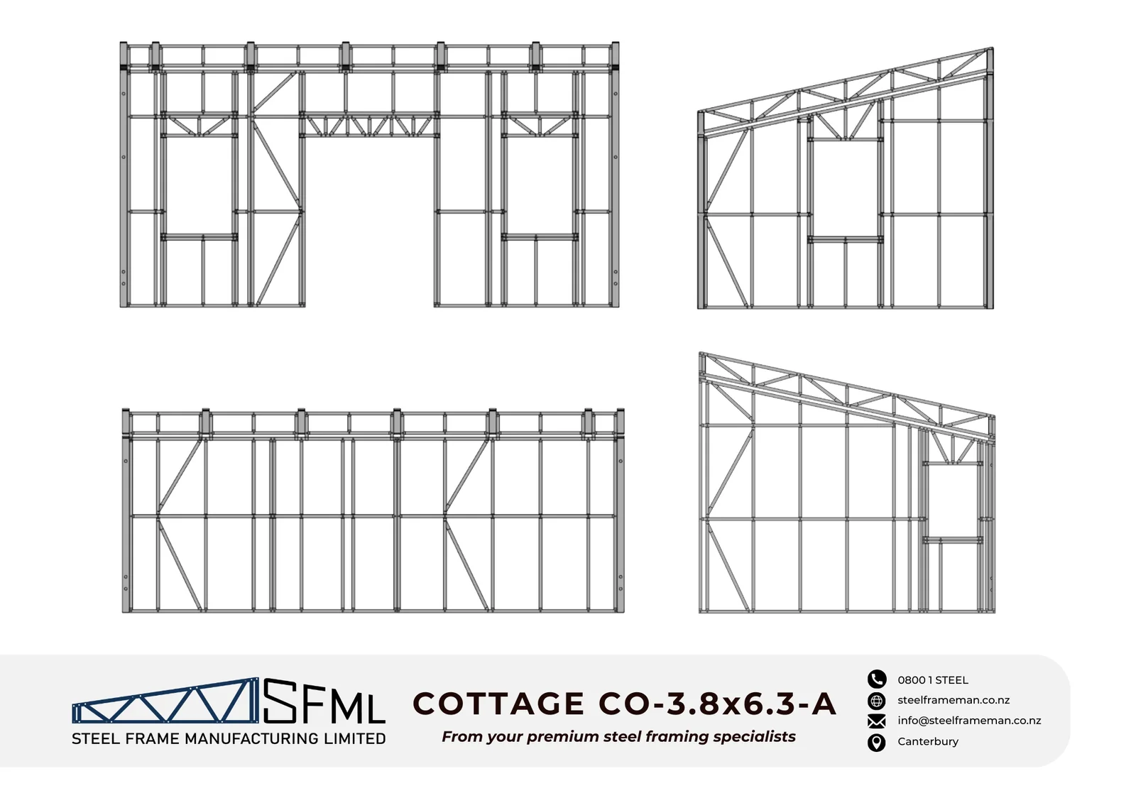 Cottage Steel Frame Kitset 3.8m x 6.3m A - elevations drawing