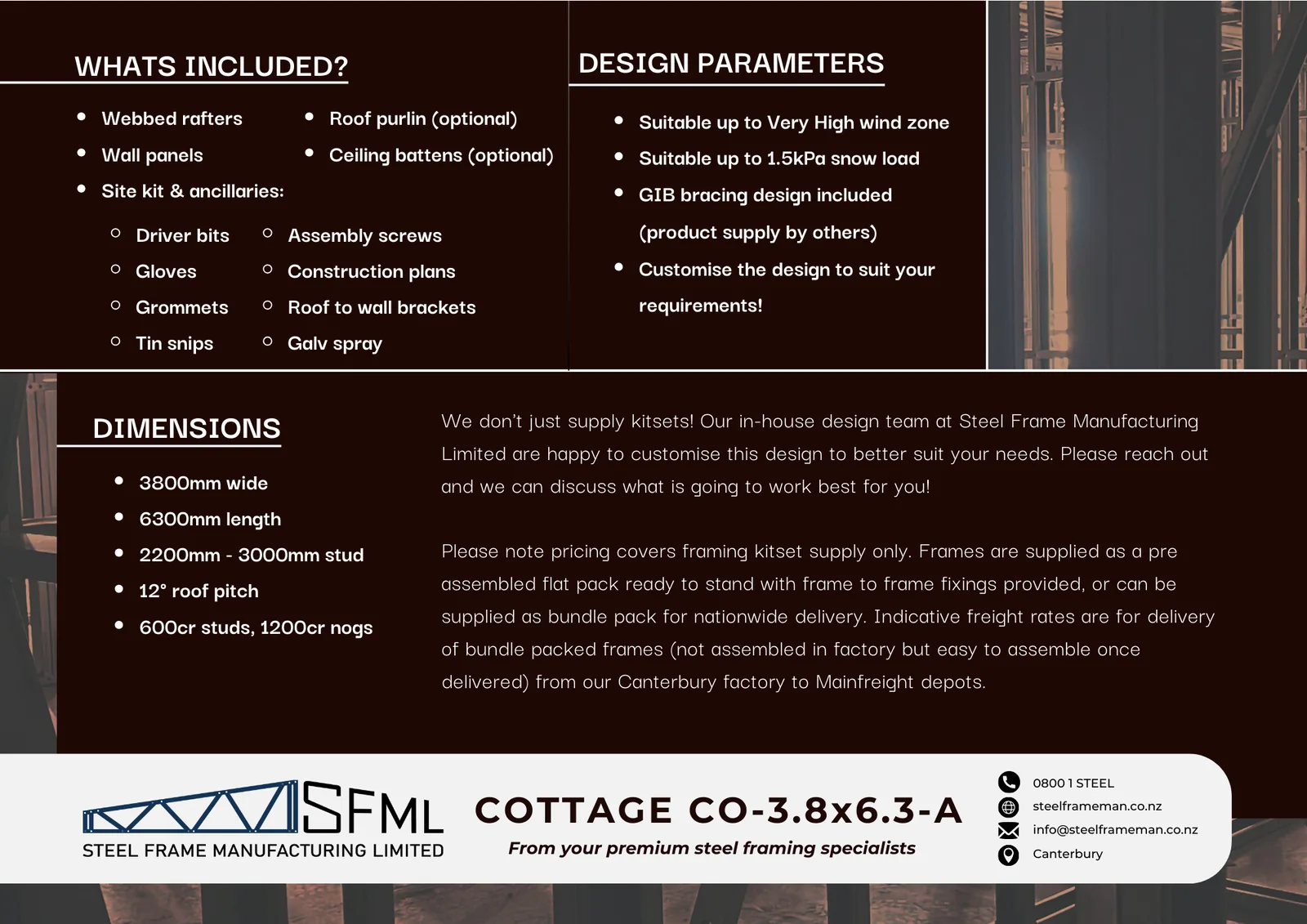 Cottage Steel Frame Kitset 3.8m x 6.3m A - specifications sheet