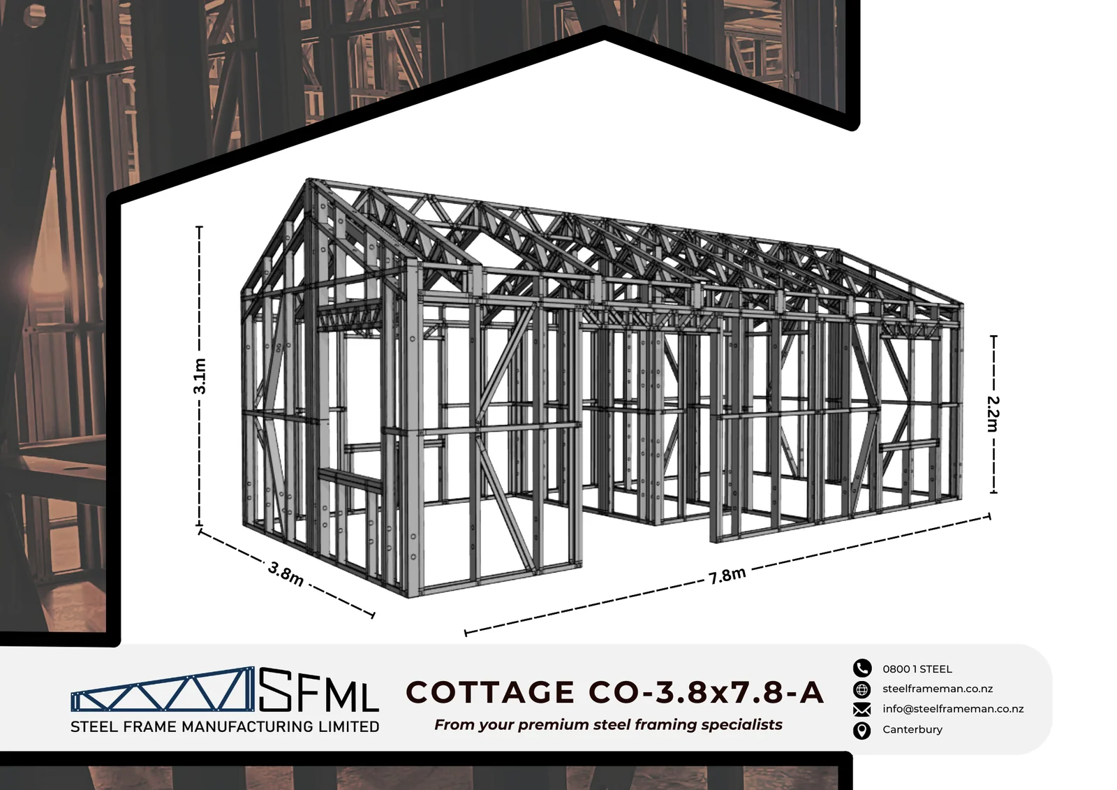 Cottage Steel Frame Kitset 3.8m x 7.8m A - isometric steel frame diagram