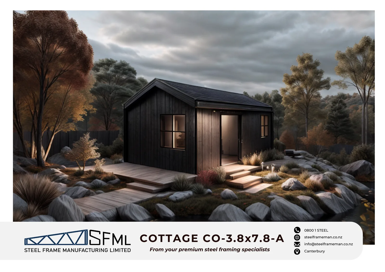 Cottage Steel Frame Kitset 3.8m x 7.8m A – exterior render