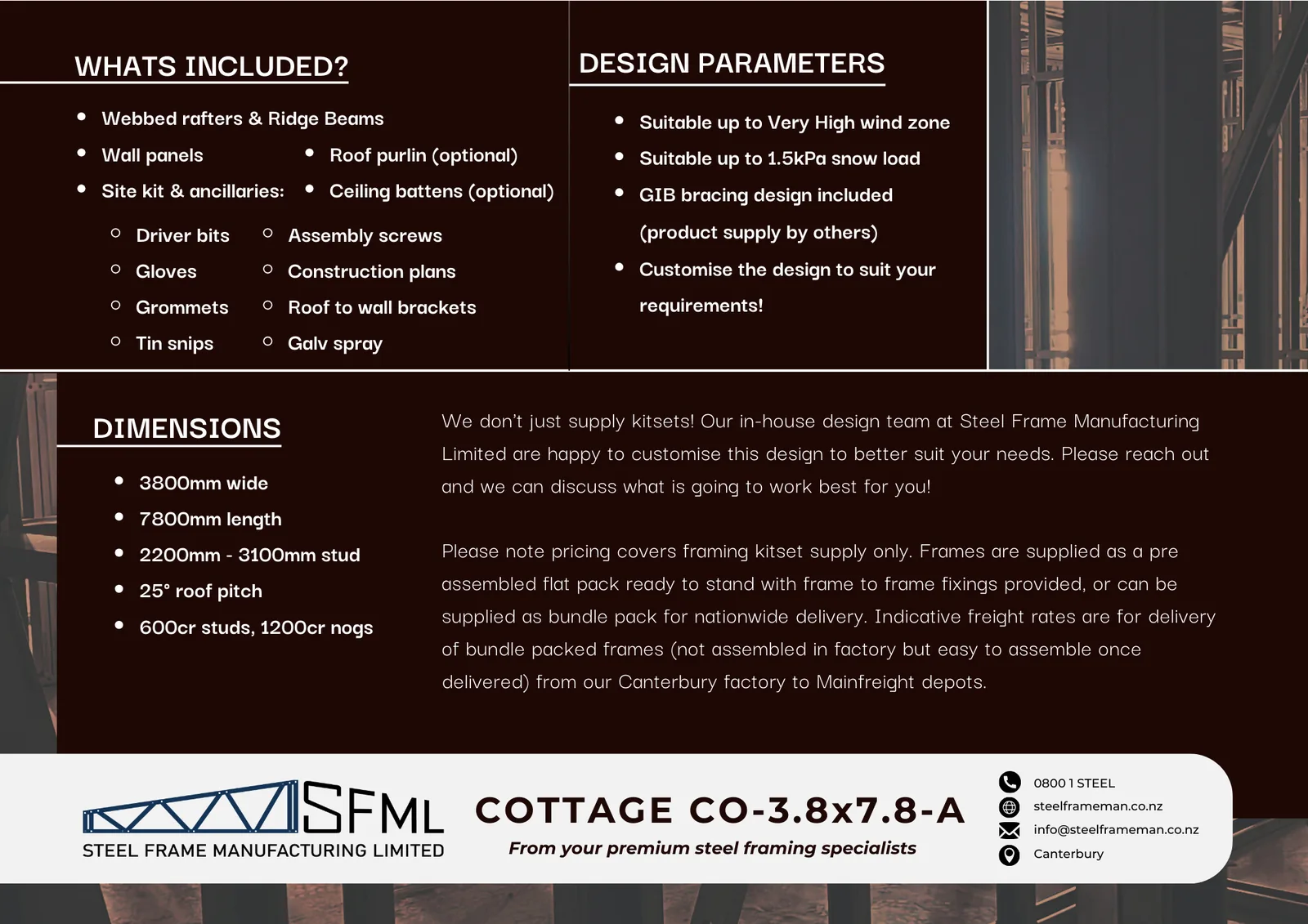 Cottage Steel Frame Kitset 3.8m x 7.8m A - specifications sheet