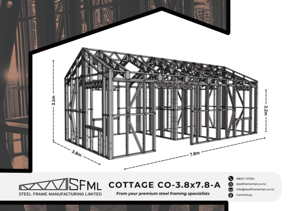 Cottage Steel Frame Kitset - 3.8m x 7.8m (29.64m2) predesigned steel framing kitset best in new zealand