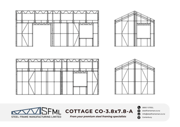 Steel Frame Manufacturing Ltd 3.8m x 7.8m (29.64m2) Cottage steel framing kit includes roof rafters, wall frames and ancillaries (brackets, screws, driver bits etc).