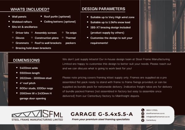 Steel Frame Manufacturing Ltd 5.4m x 5.5m Garage steel framing kit includes roof rafters, wall frames and ancillaries (brackets, screws, driver bits etc).