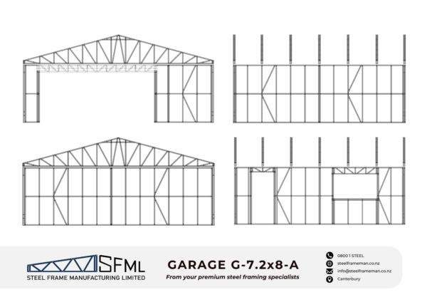 Steel Frame Manufacturing Ltd 7.2m x 8m (57.6m2) Garage steel framing kit includes roof trusses, wall frames and ancillaries (brackets, screws, driver bits etc).