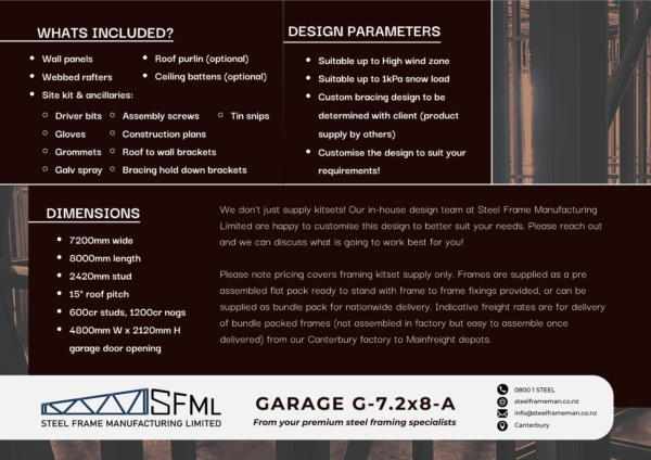 Steel Frame Manufacturing Ltd 7.2m x 8m (57.6m2) Garage steel framing kit includes roof trusses, wall frames and ancillaries (brackets, screws, driver bits etc).