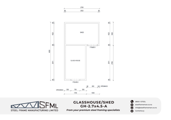 Steel Frame Manufacturing Ltd 2.7 x 4.5 (9.45m2) L-Shaped Glasshouse & Shed steel framing kit includes roof panels, wall frames, optional door frames and ancillaries (brackets, screws, driver bits etc).