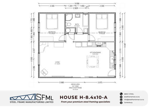 Steel Frame Manufacturing Ltd 8.4m x 10m (84m2) 2-Bedroom House steel framing kit includes roof rafters, wall frames and ancillaries (brackets, screws, driver bits etc).