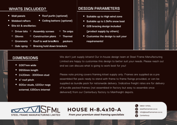 Steel Frame Manufacturing Ltd 8.4m x 10m (84m2) 2-Bedroom House steel framing kit includes roof rafters, wall frames and ancillaries (brackets, screws, driver bits etc).