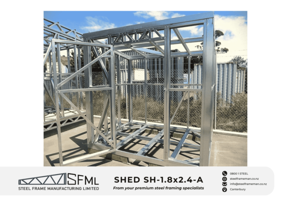 Steel Frame Manufacturing Ltd 1.8m x 2.4m garden shed framing kit includes roof frame panels, wall frames, optional door panel, optional floor panel and assembly screws.