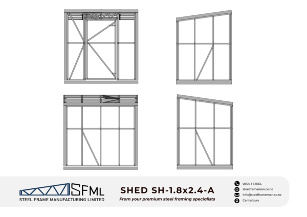 Steel Frame Manufacturing Ltd 1.8m x 2.4m garden shed framing kit includes roof frame panels, wall frames, optional door panel, optional floor panel and assembly screws.