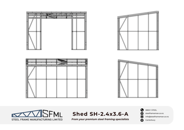 Steel Frame Manufacturing Ltd 2.4m x 3.6m shed steel framing kit includes roof frame panels, wall frames and ancillaries (screws, driver bits etc).