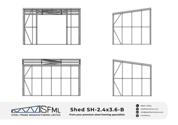 Steel Frame Manufacturing Ltd 2.4m x 3.6m shed steel framing kit includes roof frame panels, wall frames and ancillaries (screws, driver bits etc).