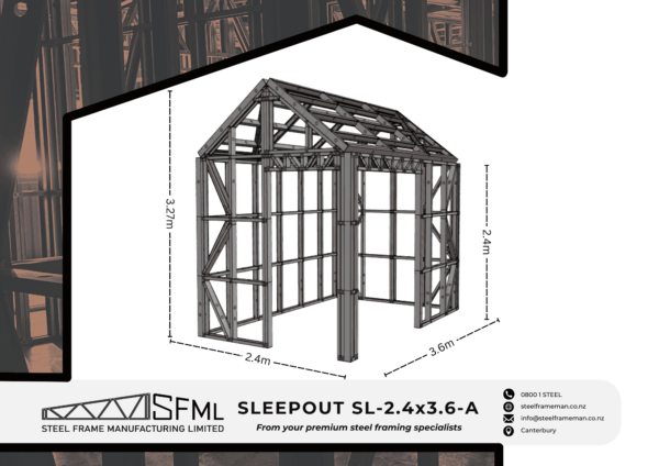 Steel Frame Manufacturing Ltd 2.4m x 3.6m (8.64m2) Sleepout steel framing kit includes roof panels, wall frames and ancillaries (brackets, screws, driver bits etc).