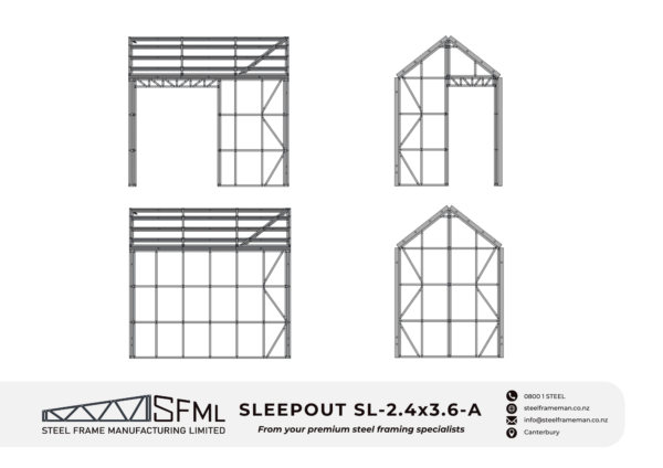 Steel Frame Manufacturing Ltd 2.4m x 3.6m (8.64m2) Sleepout steel framing kit includes roof panels, wall frames and ancillaries (brackets, screws, driver bits etc).