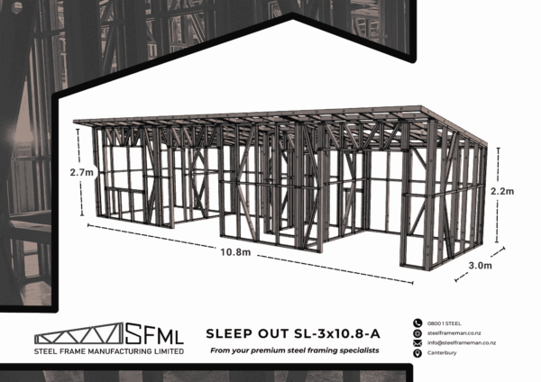 Sleepout Steel Frame Kitset - 3.0m x 10.8m (30m2 inside frame)