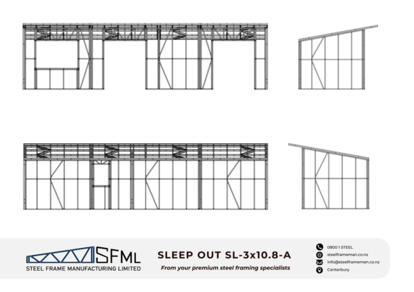 Steel Frame Manufacturing Ltd 3.0m x 10.8m Sleep Out steel framing kit includes roof frame panels, wall frames and ancillaries (screws, driver bits etc).