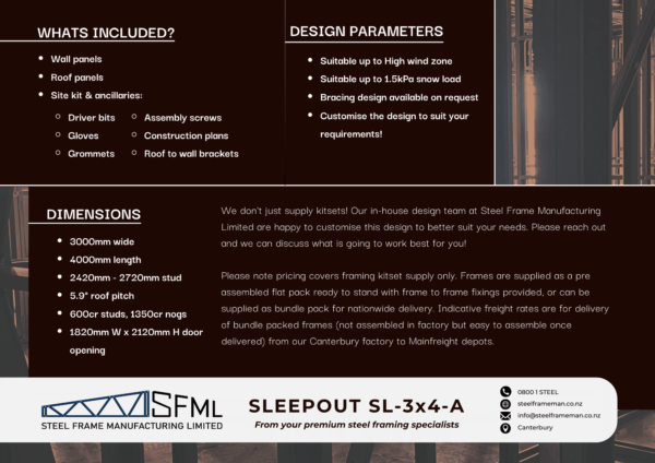 Steel Frame Manufacturing Ltd 3m x 4m Gable Sleep Out steel framing kit includes roof frame panels, wall frames and ancillaries (screws, driver bits etc).