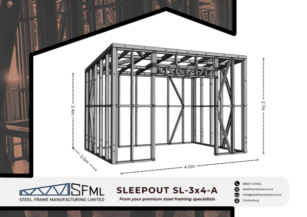 Steel Frame Manufacturing Ltd 3m x 4m Gable Sleep Out steel framing kit includes roof frame panels, wall frames and ancillaries (screws, driver bits etc).