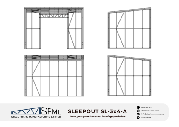 Steel Frame Manufacturing Ltd 3m x 4m Gable Sleep Out steel framing kit includes roof frame panels, wall frames and ancillaries (screws, driver bits etc).