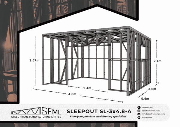 Steel Frame Manufacturing Ltd New zealand 3.0m x 4.8m Sleep Out steel framing kit includes roof frame panels, wall frames and ancillaries (screws, driver bits etc).