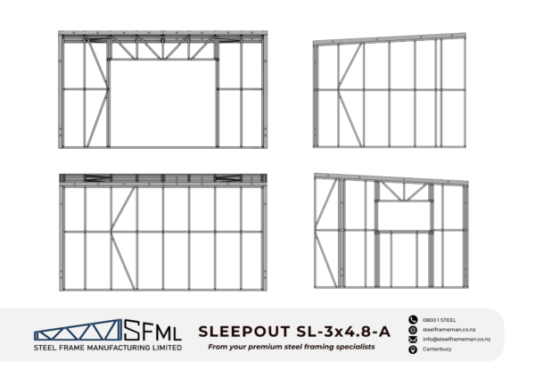 Steel Frame Manufacturing Ltd New zealand 3.0m x 4.8m Sleep Out steel framing kit includes roof frame panels, wall frames and ancillaries (screws, driver bits etc).