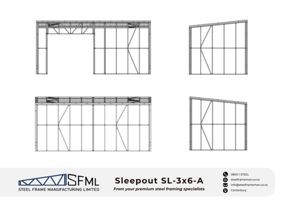 Steel Frame Manufacturing Ltd 3.0m x 6.0m sleep out steel framing kit includes roof frame panels, wall frames and ancillaries (screws, driver bits etc).