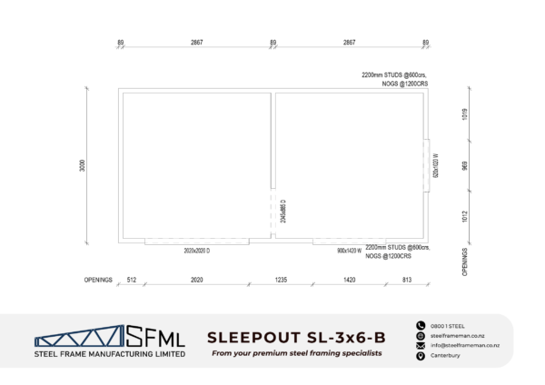 Steel Frame Manufacturing Ltd 3.0m x 6.0m Gable Sleep Out steel framing kit floor plan