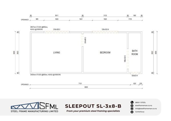 Steel Frame Manufacturing Ltd 3.0m x 8m Sleep Out steel framing kit includes roof frame panels, wall frames and ancillaries (screws, driver bits etc). Floor plan design of sleepout Newzealand tiny house