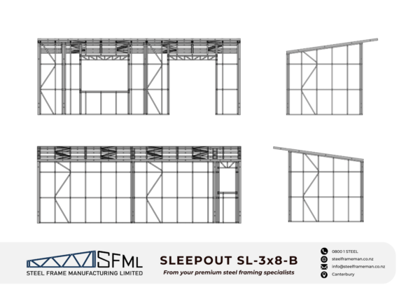 Steel Frame Manufacturing Ltd 3.0m x 8m Sleep Out steel framing kit includes roof frame panels, wall frames and ancillaries (screws, driver bits etc). Steel panel design of sleepout