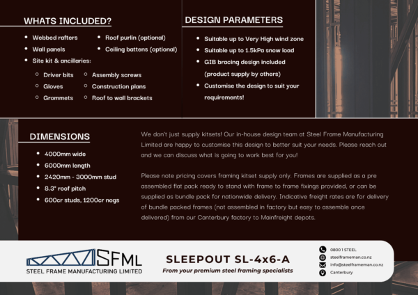 Steel Frame Manufacturing Ltd 4.0m x 6.0m (24m2) Sleep Out steel framing kit includes roof rafters, wall frames and ancillaries (brackets, screws, driver bits etc).