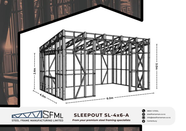 Steel Frame Manufacturing Ltd 4.0m x 6.0m (24m2) Sleep Out steel framing kit includes roof rafters, wall frames and ancillaries (brackets, screws, driver bits etc).