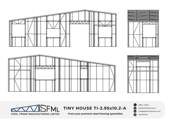 Steel Frame Manufacturing Ltd 2.95m x 10.2m (30m2) Tiny House steel framing kit includes roof panels, mezzanine panel, wall frames and ancillaries (brackets, screws, driver bits etc).