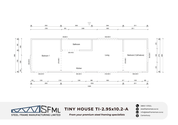 Steel Frame Manufacturing Ltd 2.95m x 10.2m (30m2) Tiny House steel framing kit includes roof panels, mezzanine panel, wall frames and ancillaries (brackets, screws, driver bits etc).