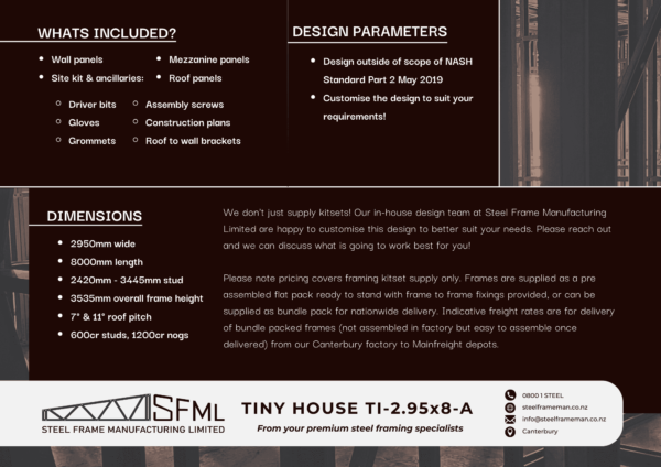 Steel Frame Manufacturing Ltd 2.95m x 8.0m tiny house steel framing kit details New Zealand