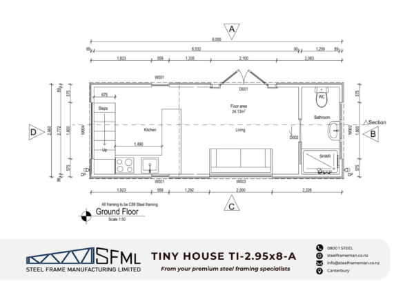 Steel Frame Manufacturing Ltd 2.95m x 8.0m tiny house steel framing kit details floor plan New Zealand