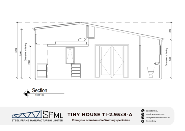 Steel Frame Manufacturing Ltd 2.95m x 8.0m tiny house steel framing kit details floor plan home front New Zealand