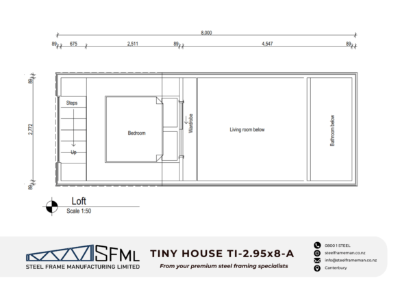 Steel Frame Manufacturing Ltd 2.95m x 8.0m tiny house steel framing kit details floorpaln New Zealand