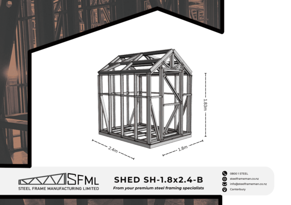 Steel Frame Manufacturing Ltd 1.8m x 2.4m garden shed framing kit includes roof frame panels, wall frames, optional door panel, optional floor panel and assembly screws. new zeland house building kitset