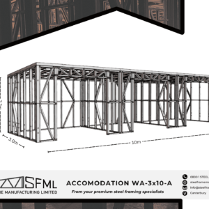 Steel Frame Manufacturing Ltd 3m x 10m (30m2) Worker Accommodation steel framing kit includes roof rafters, wall frames and ancillaries (brackets, screws, driver bits etc). newzealand accomodation unit house design