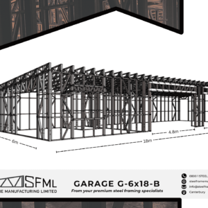 Steel Frame Manufacturing Ltd 6m x 18m (108m2) Two Bay Garage & Sleepout steel framing kit includes roof rafters, wall frames and ancillaries (brackets, screws, driver bits etc).