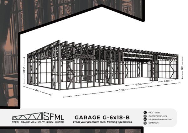 Steel Frame Manufacturing Ltd 6m x 18m (108m2) Two Bay Garage & Sleepout steel framing kit includes roof rafters, wall frames and ancillaries (brackets, screws, driver bits etc).