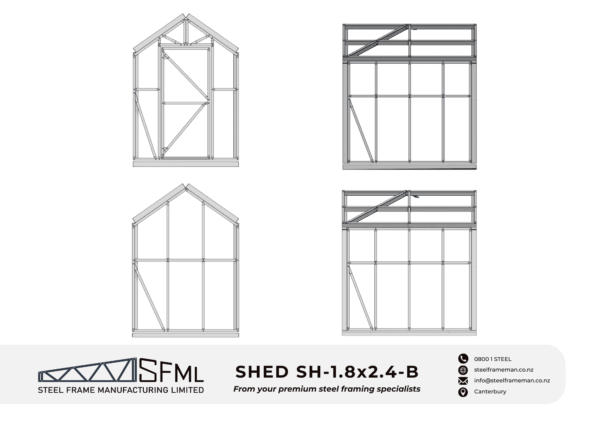 Steel Frame Manufacturing Ltd 1.8m x 2.4m garden shed framing kit includes roof frame panels, wall frames, optional door panel, optional floor panel and assembly screws.