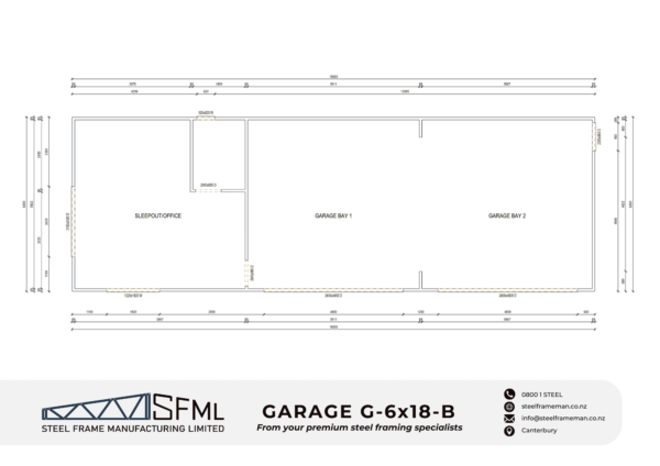 Steel Frame Manufacturing Ltd 6m x 18m (108m2) Two Bay Garage & Sleepout steel framing kit includes roof rafters, wall frames and ancillaries (brackets, screws, driver bits etc).